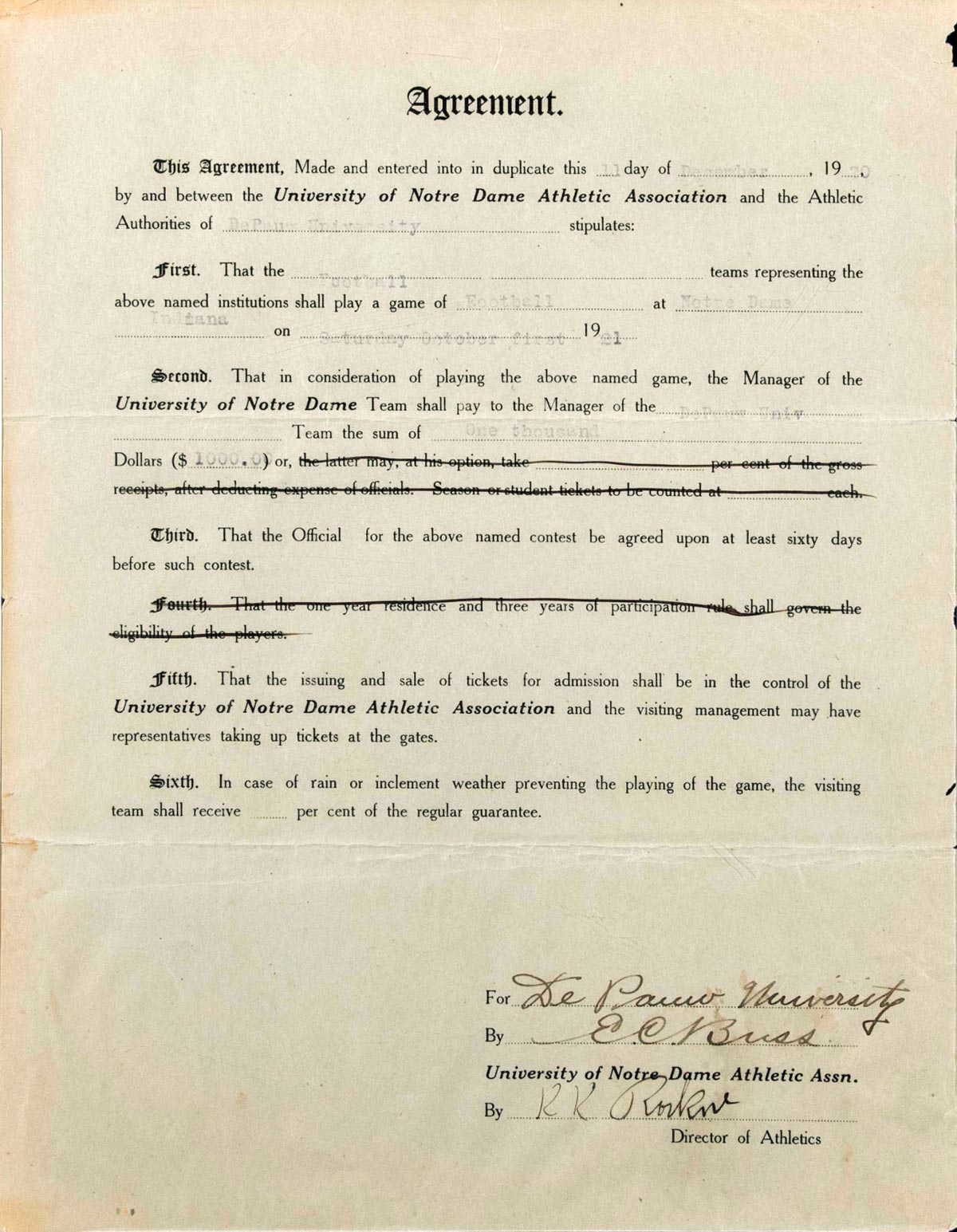 1920 Notre Dame and DePauw Contract Signed game contract between Notre Dame and DePauw