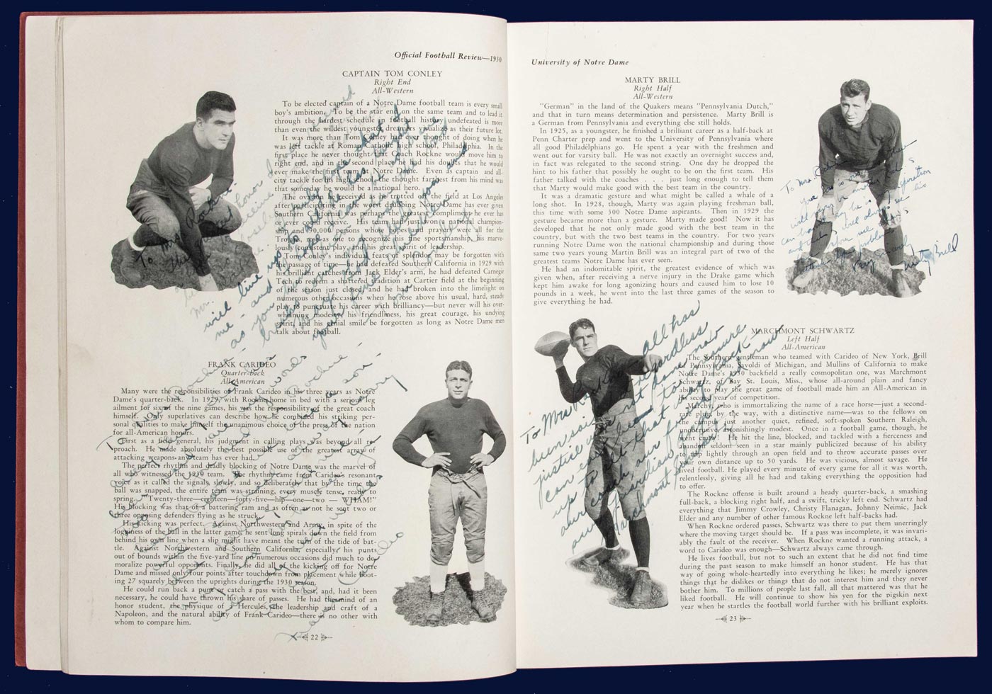 Football Review Book Book with handwritten messages to Bonnie Rockne, open to page 22, 23