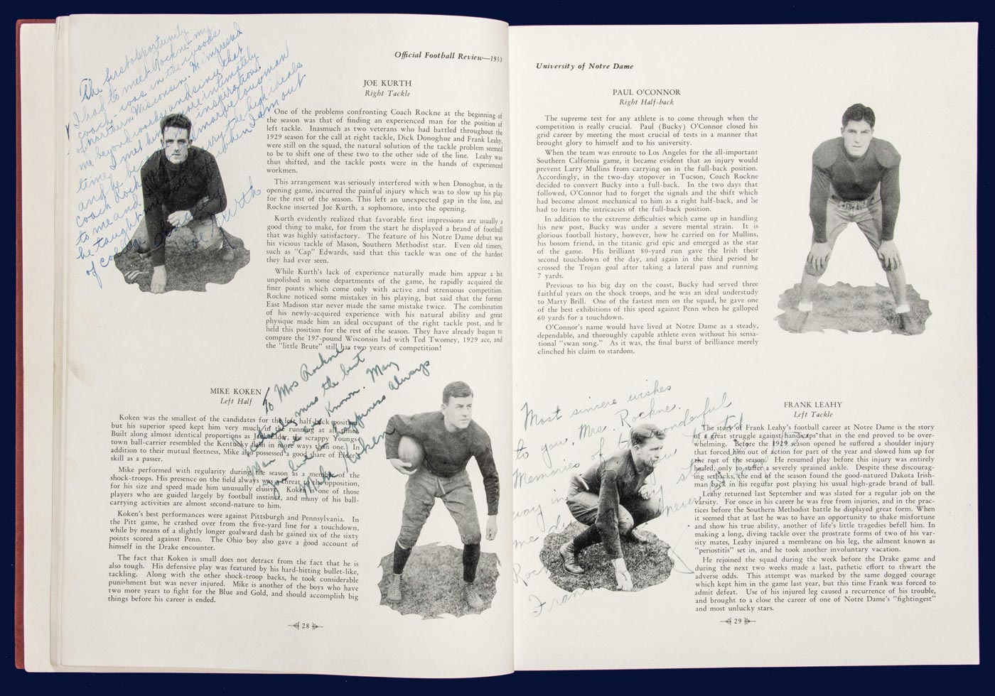 Football Review Book Book with handwritten messages to Bonnie Rockne, open to page 28, 29