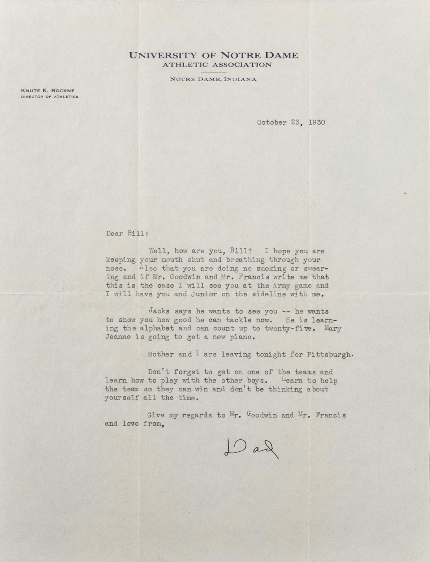 Typed letter to son Bill Letter to his son Bill, 1930