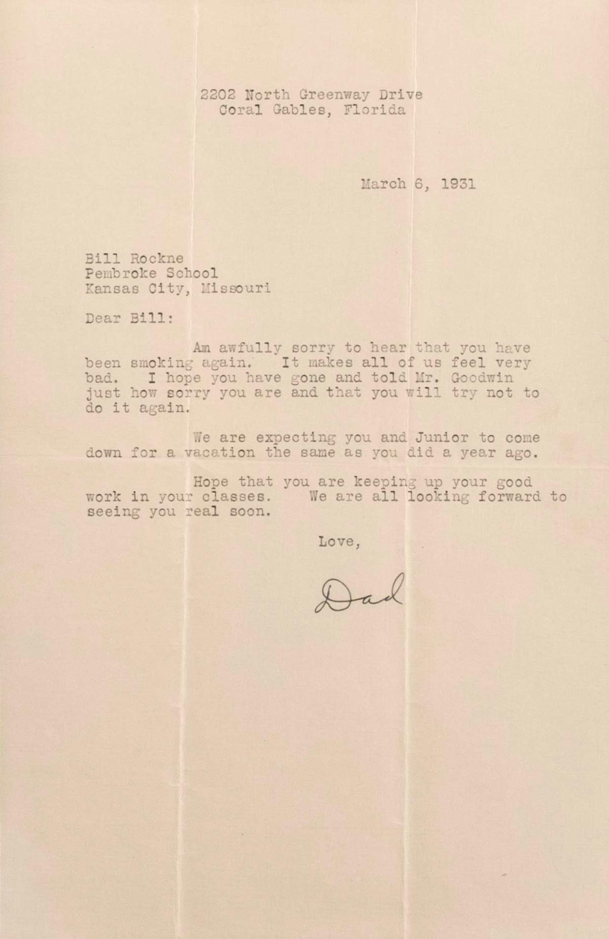 Typed letter to son Bill Letter to his son Bill, 1931