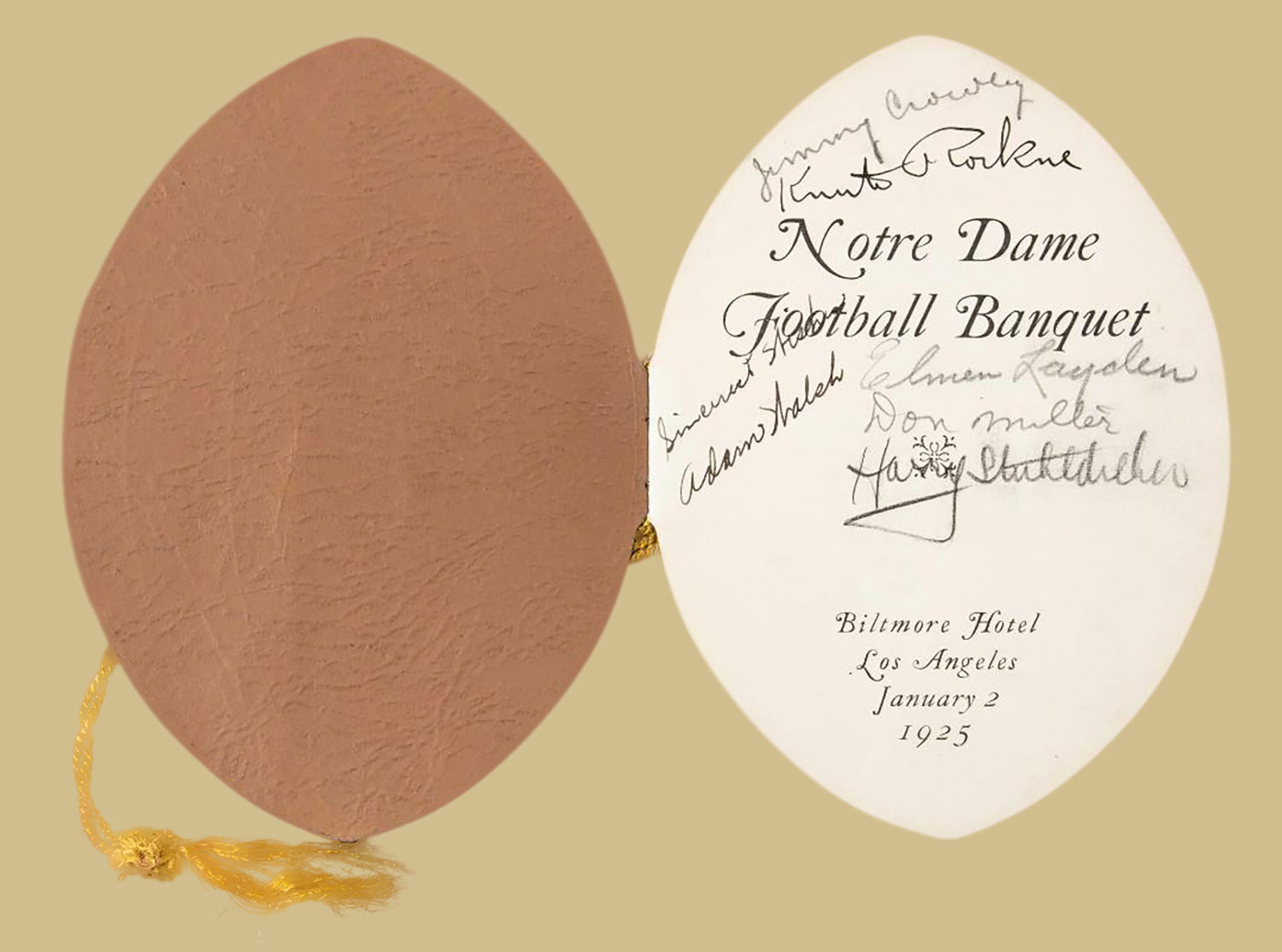 Notre Dame 1925 Banquet Program Program for banquet celebrating Notre Dame first national championship autographed by each of the Four Horsemen, team captain Adam Walsh and coach Knute Rockne