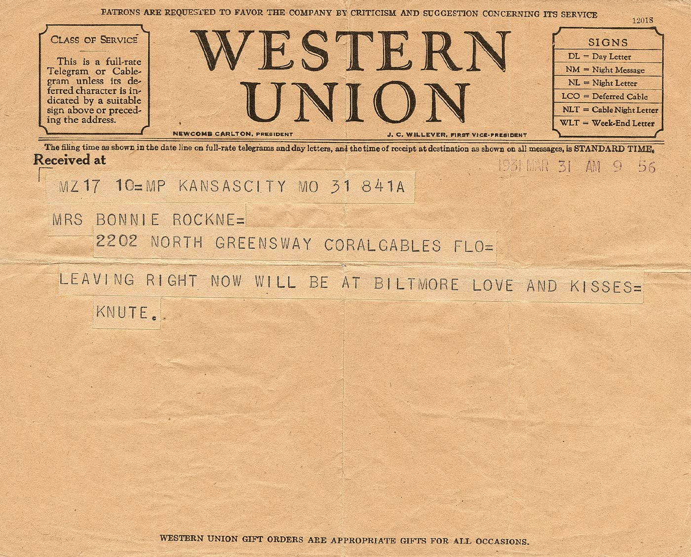 Image of the telegram Knute Rockne sent to his wife Bonnie shortly before the fatal flight