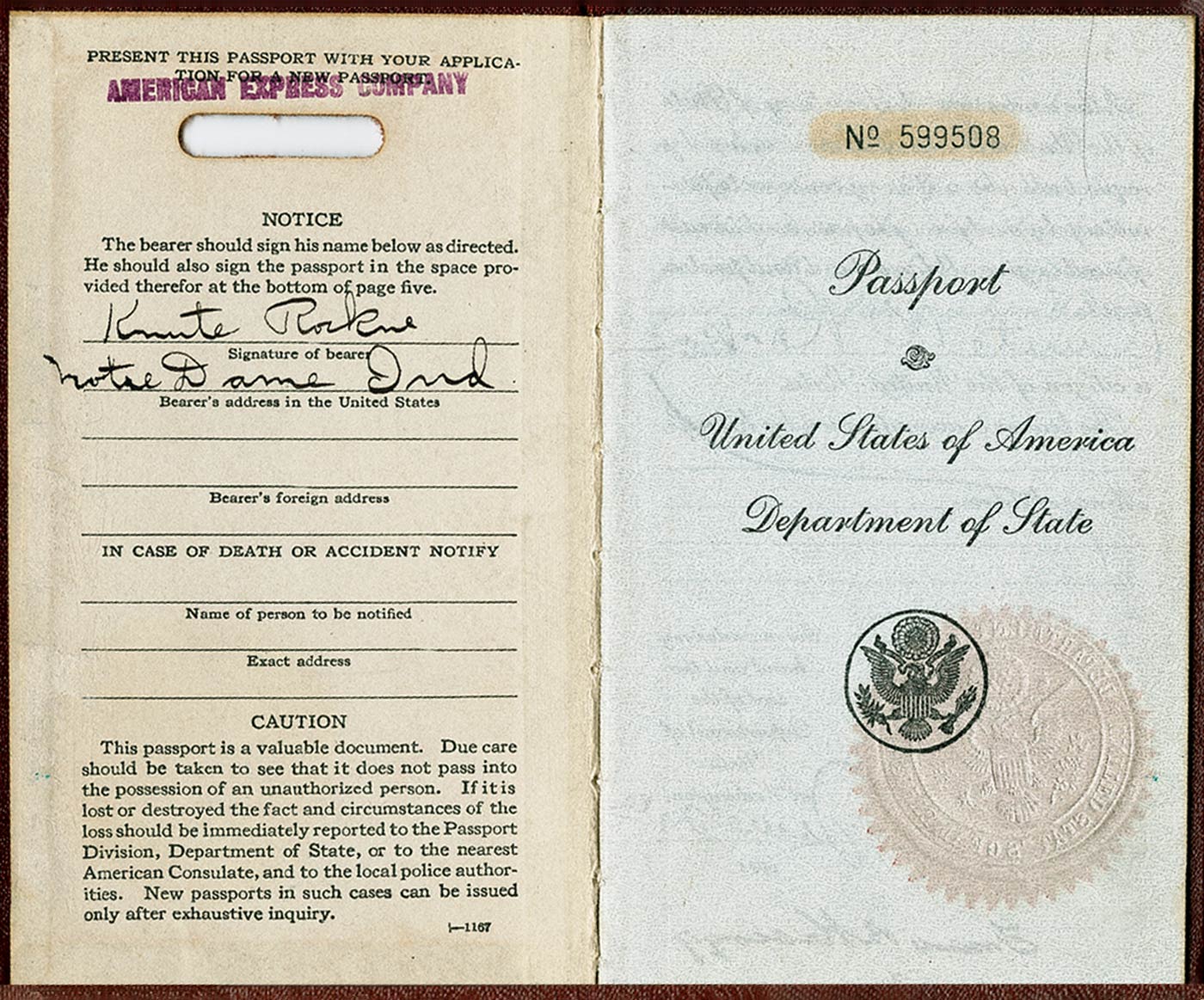 Rockne passport, opening spread Rockne passport, opening spread