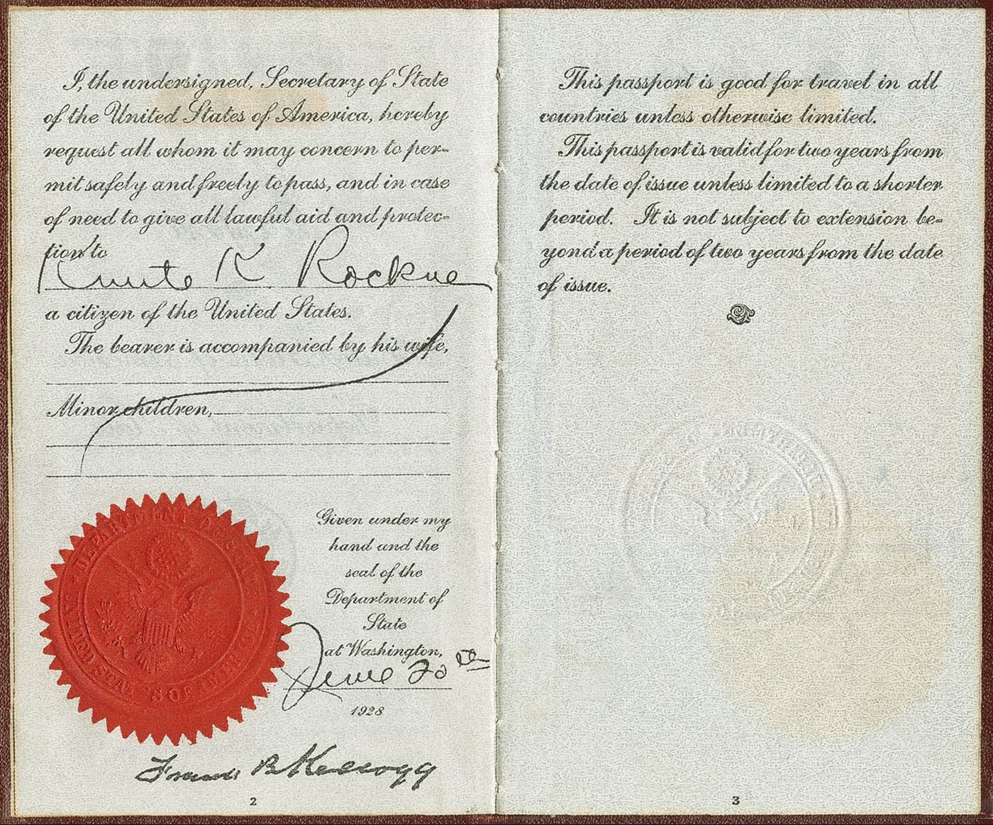 Rockne passport, signature page Rockne passport, signature page