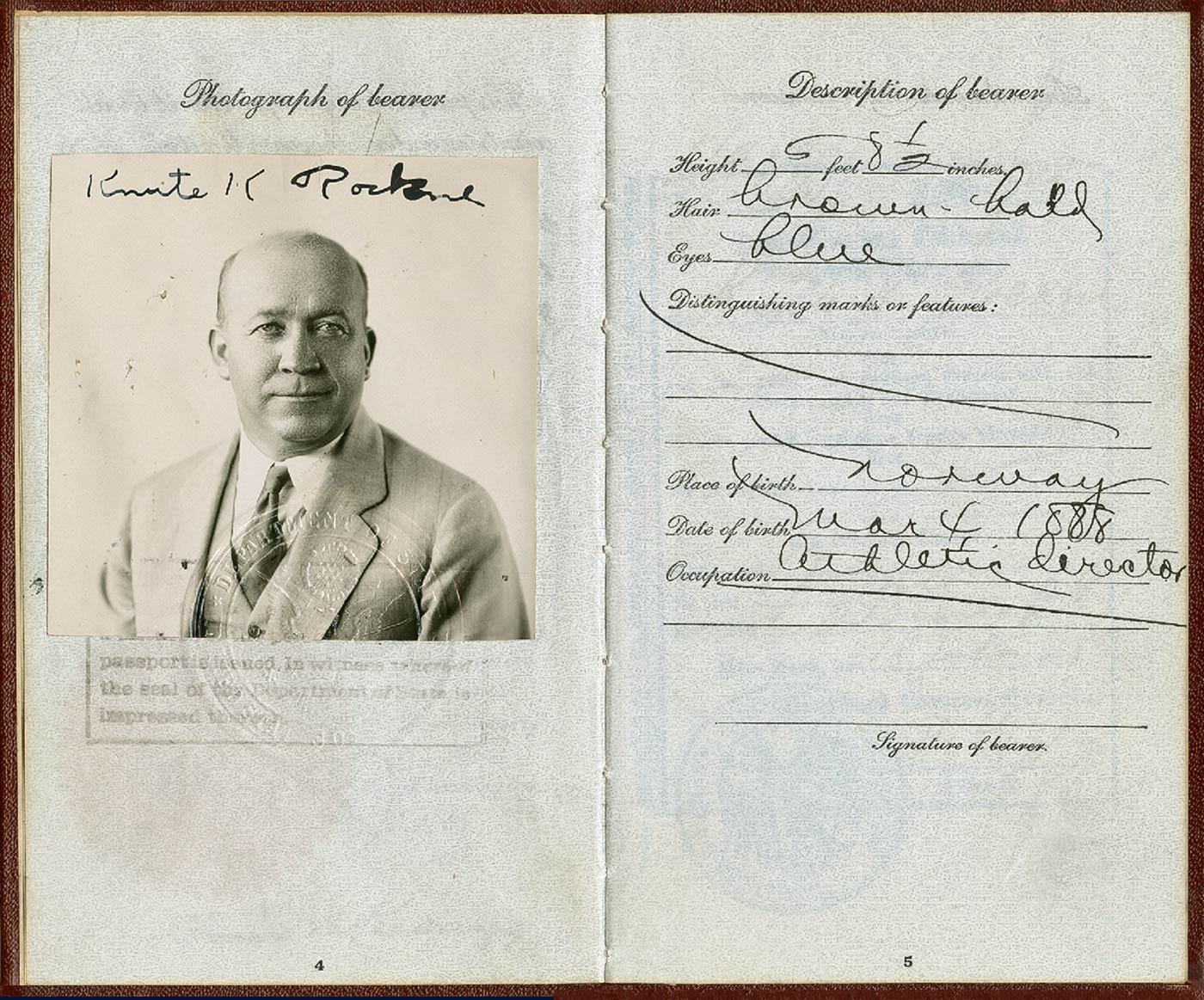 Rockne passport, headshot page Rockne passport, headshot page