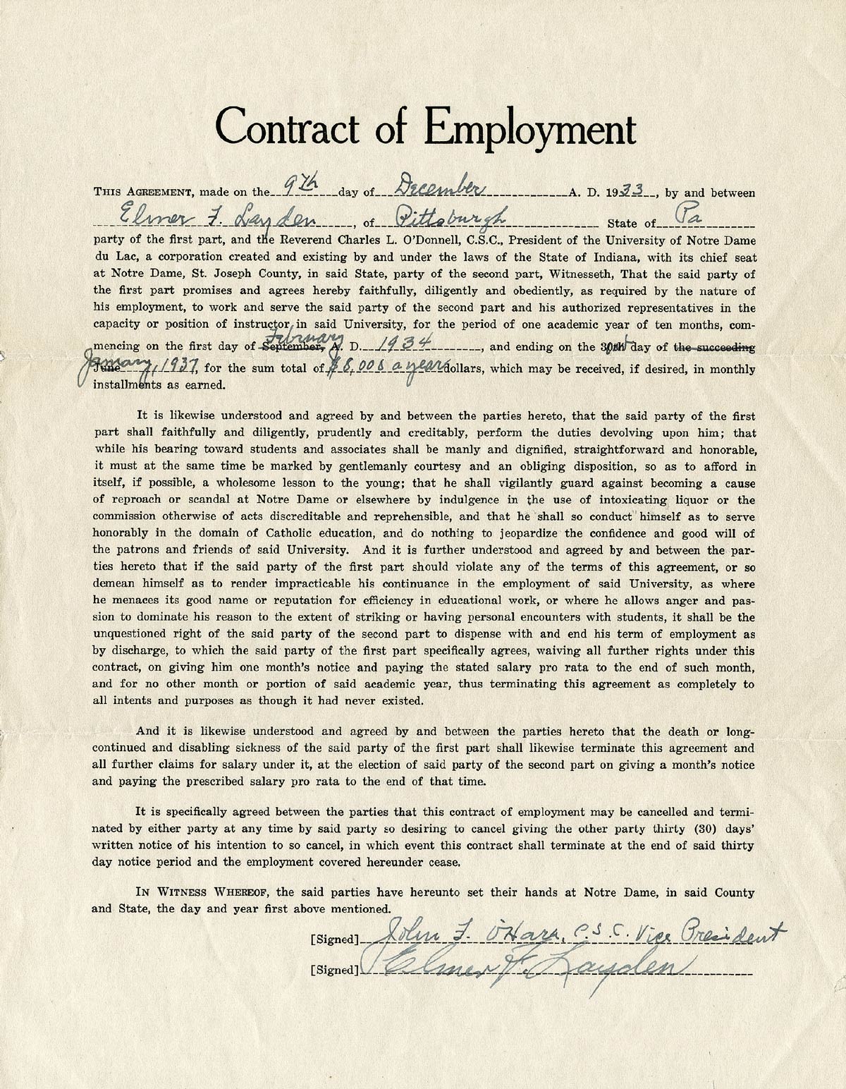 Elmer Layden’s 1933 three year contract to be Notre Dame’s athletic director and head football coach Elmer Layden’s 1933 three year contract to be Notre Dame’s athletic director and head football coach