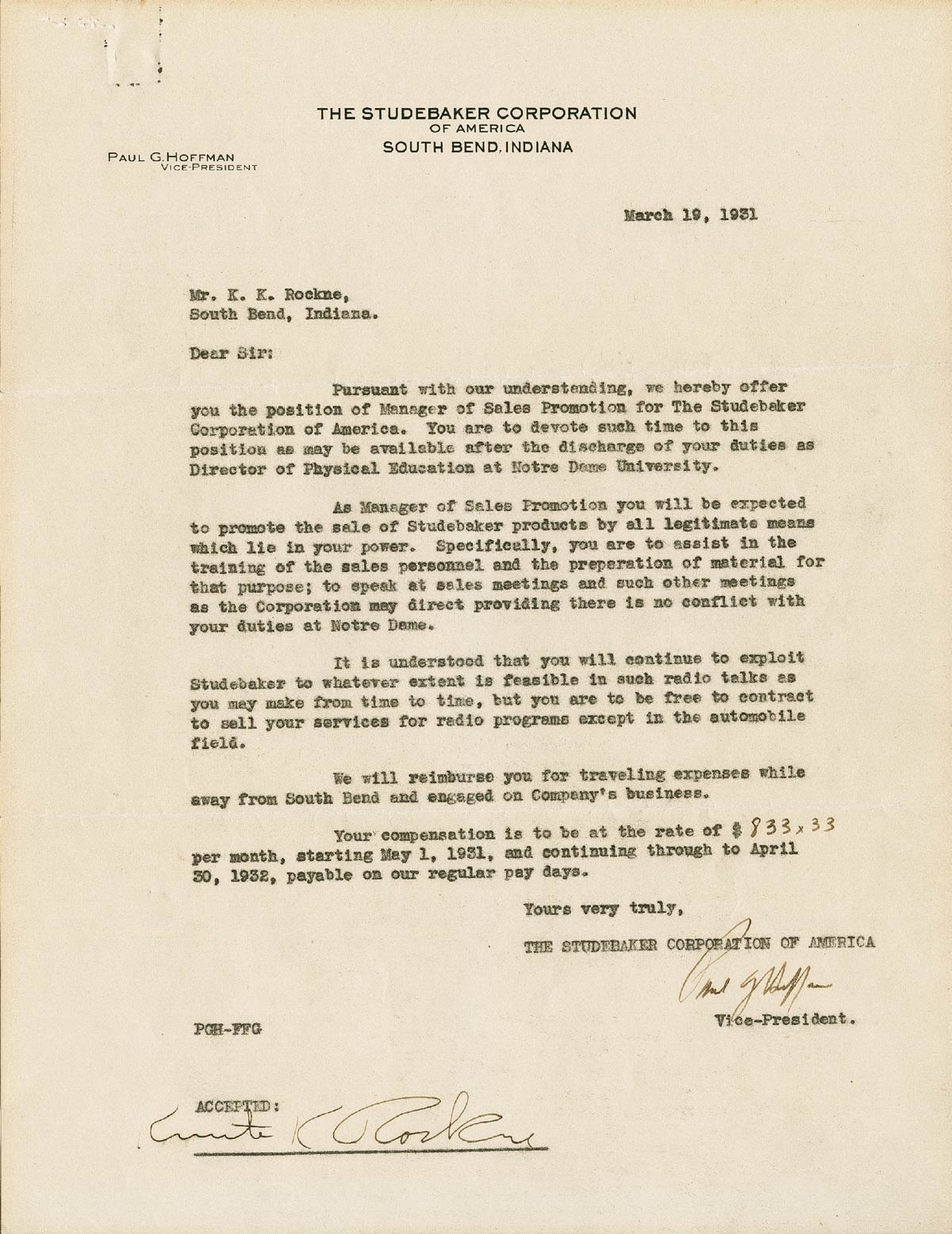 Studebaker Contract - Knute A contract Kunte Rockne signed with The Studebaker Corporation just twelve days before his death