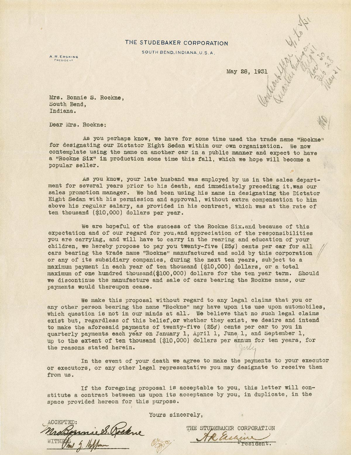 Studebaker Contract - Bonnie The contract Bonnie Rockne and The Studebaker Corporation entered into eight weeks after Knute Rockne’s death