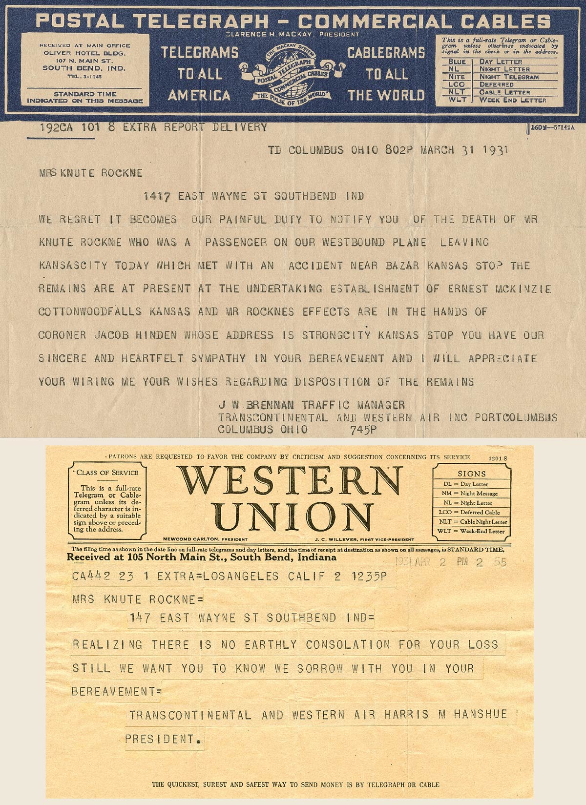 Telegram to Bonnie Rockne from Telegrams Transcontinental and Western Air Telegrams Transcontinental and Western Air sent to Bonnie Rockne to notify her of the death of her husband