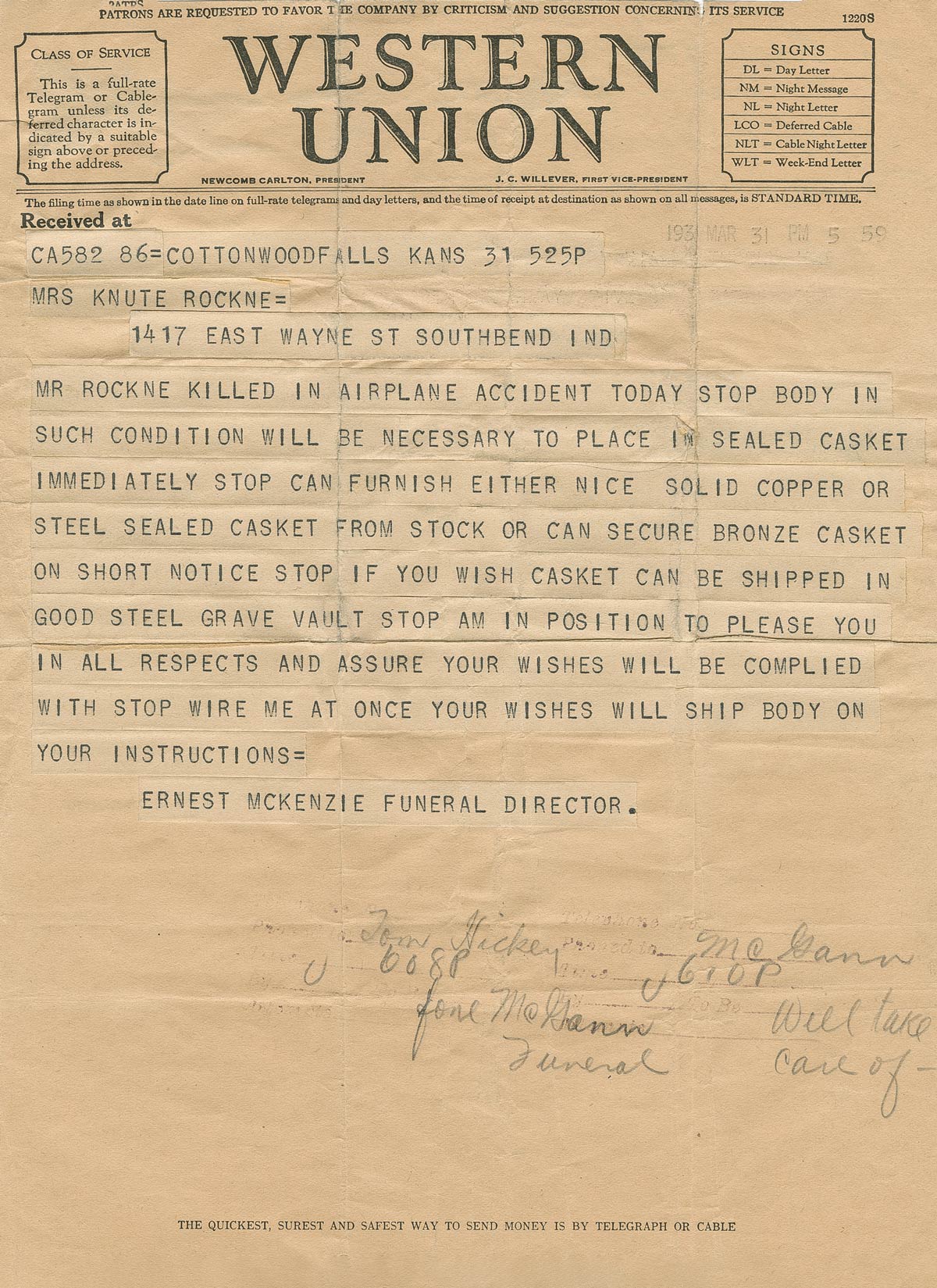 Telegram from Kansas funeral home director Ernest McKenzie to Bonnie Rockne Telegram the Kansas funeral home director Ernest McKenzie sent to Bonnie