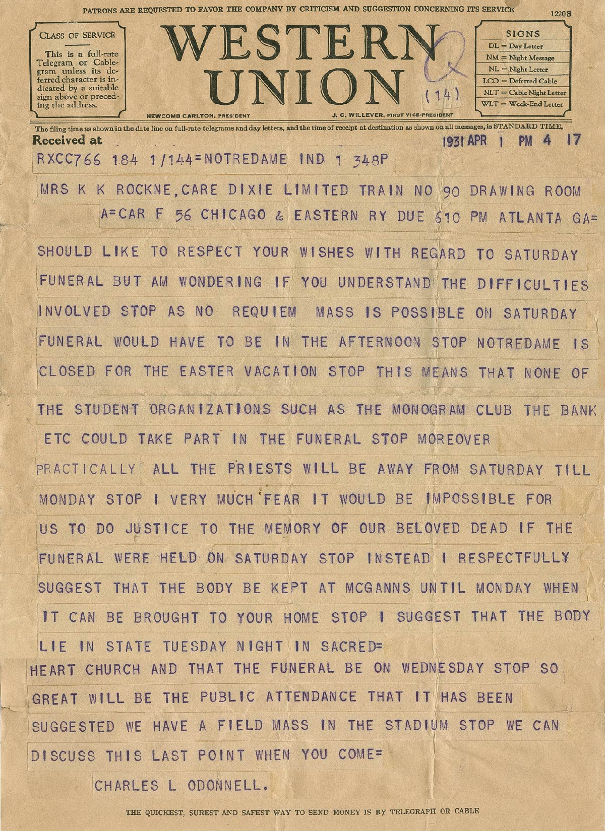 Telegram from Notre Dame President Rev. Charles L. O’Donnell to Bonnie Rockne Telegram Notre Dame President Rev. Charles L. O’Donnell sent to Bonnie Rockne regarding funeral service considerations