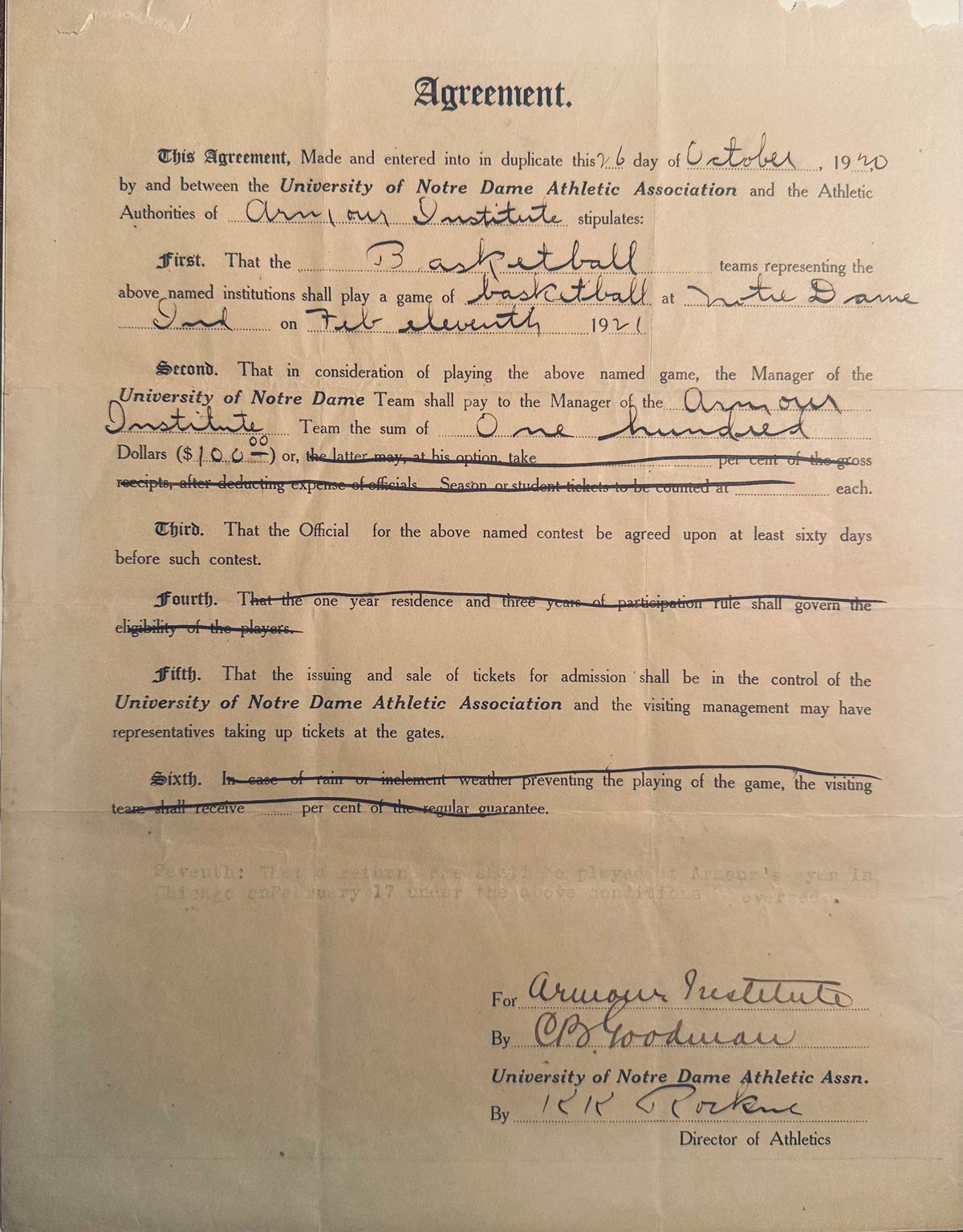 1920 Signed Basketball Contract A contract drawn up and signed by Knute Rockne