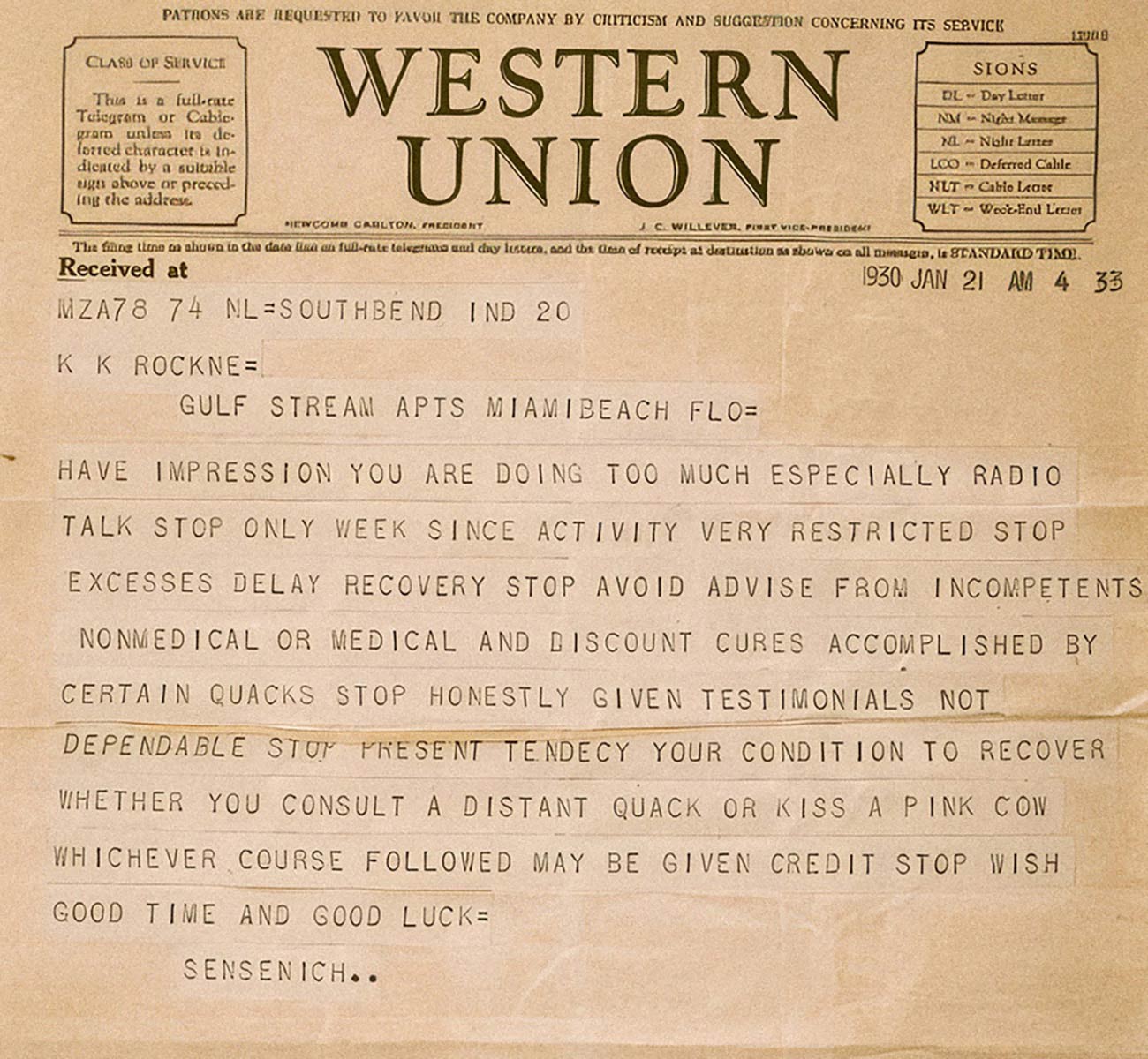 Doctor Sensenich Telegram A telegram directing the coach to get rest and ignore bad medical advice