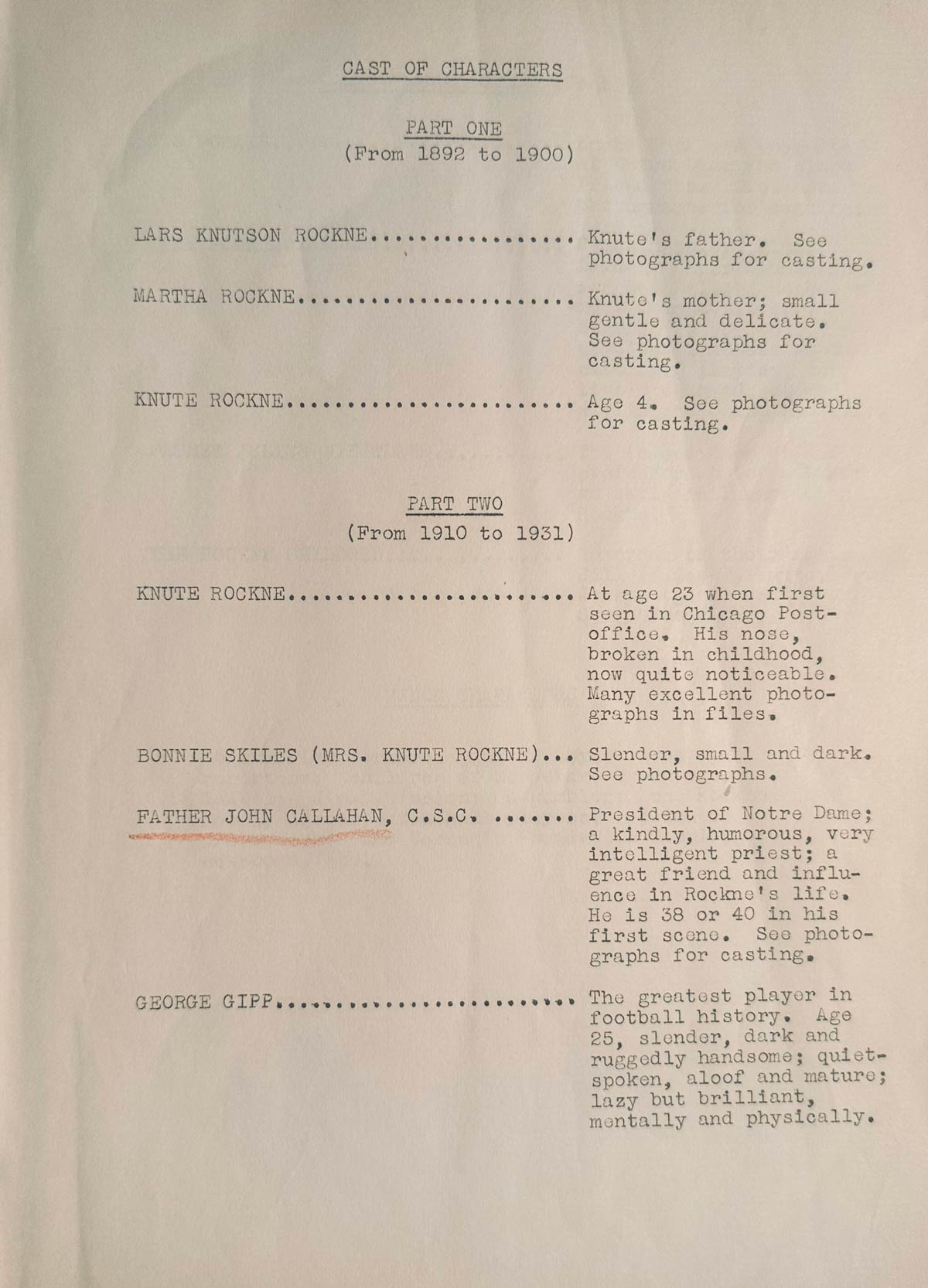 Movie Script - Cast of Characters A page listing the cast of characters, for the most part from Knute's family