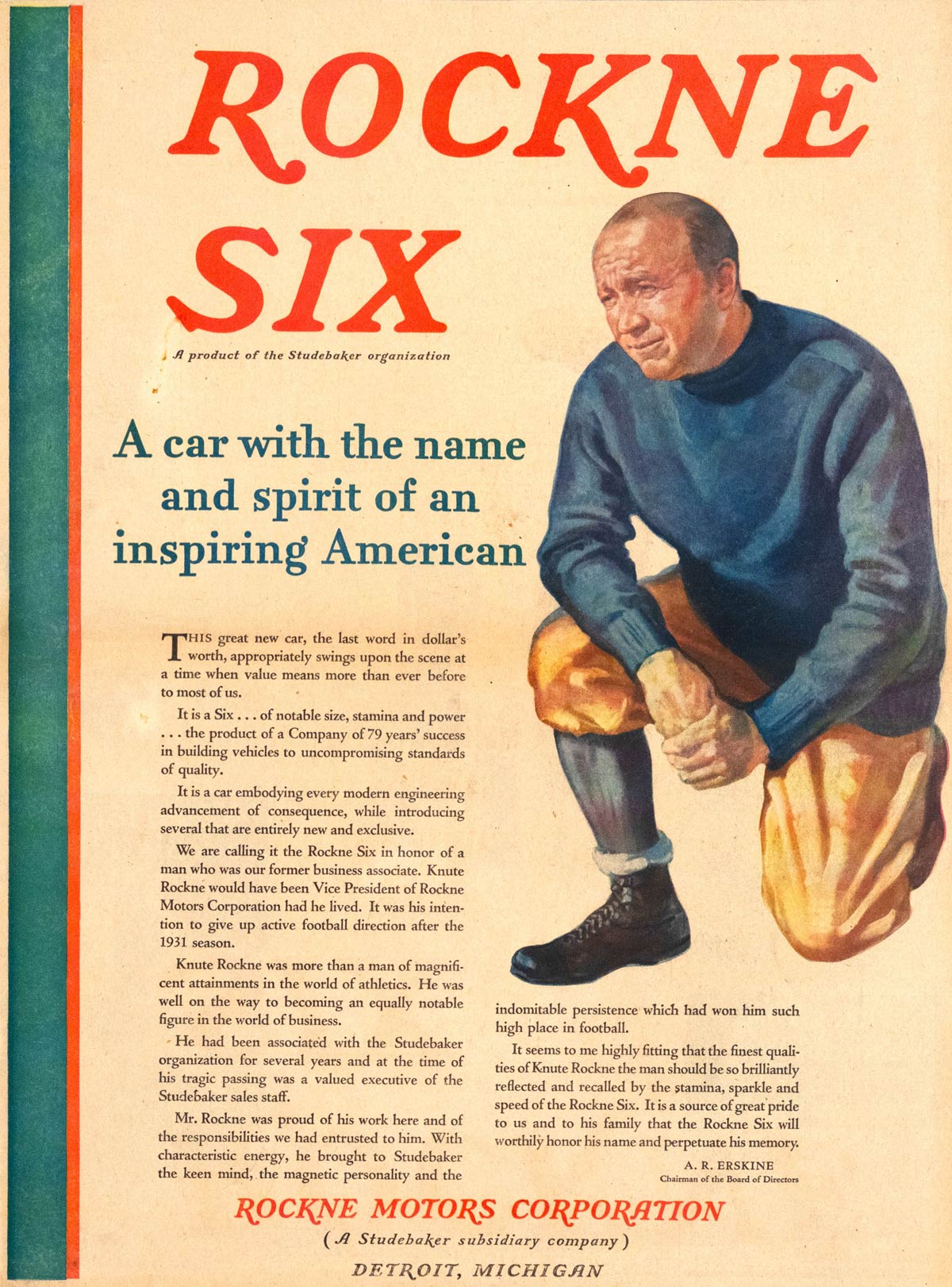 Rockne Motors Print Advertisement A magazine ad with an illustration of Knute, and ad copy describing the car