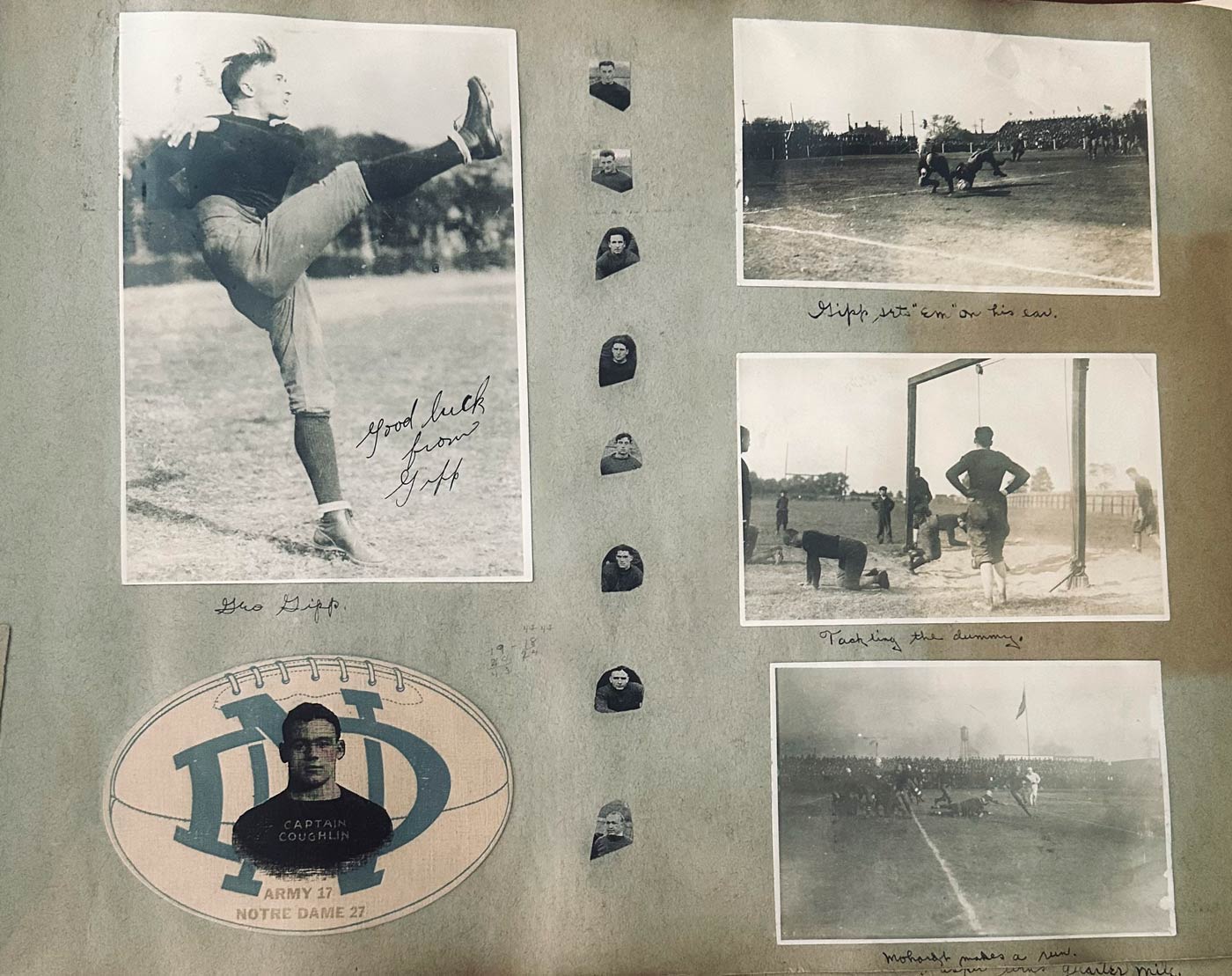 Notre Dame student scrapbook - page example Scrapbook page - Shots of the football team practicing and playing