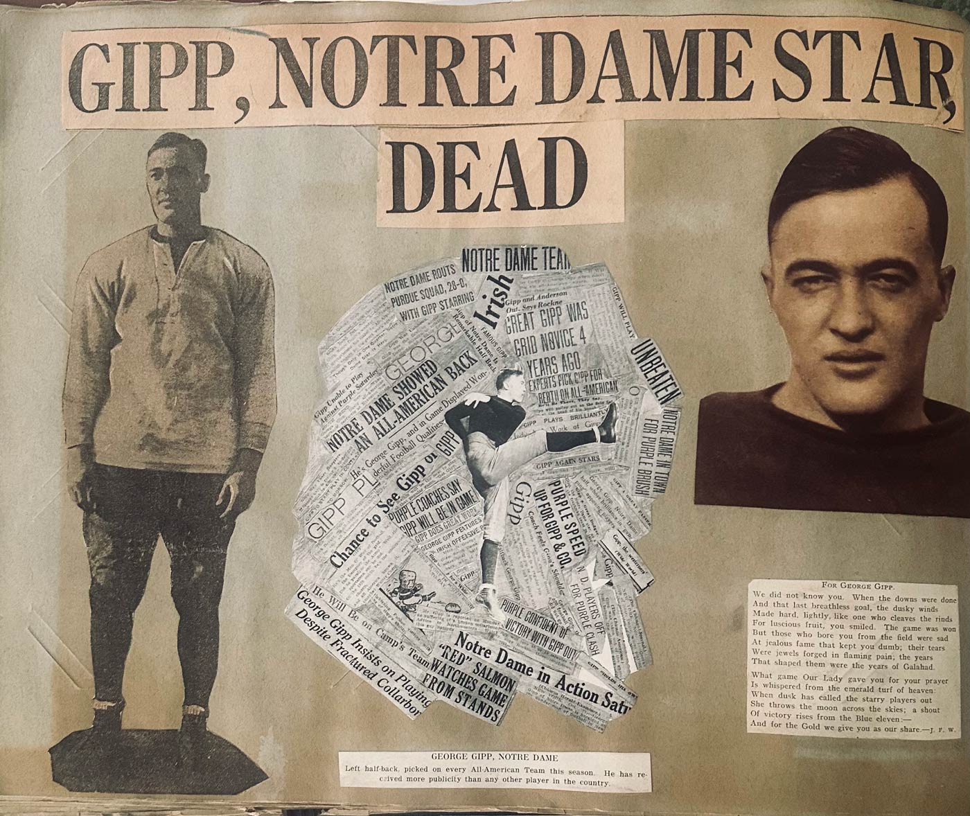 Notre Dame student scrapbook - page example Scrapbook page - A page dedicated to George Gipp