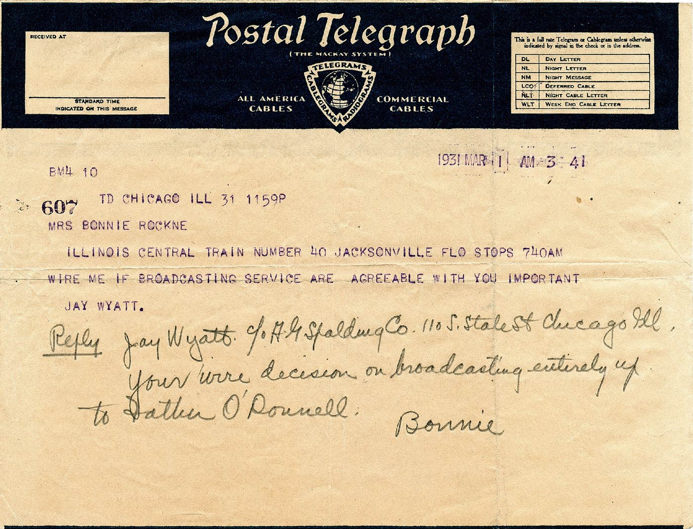 Telegram sent to Bonnie Rockne A scan of the 1931 telegram