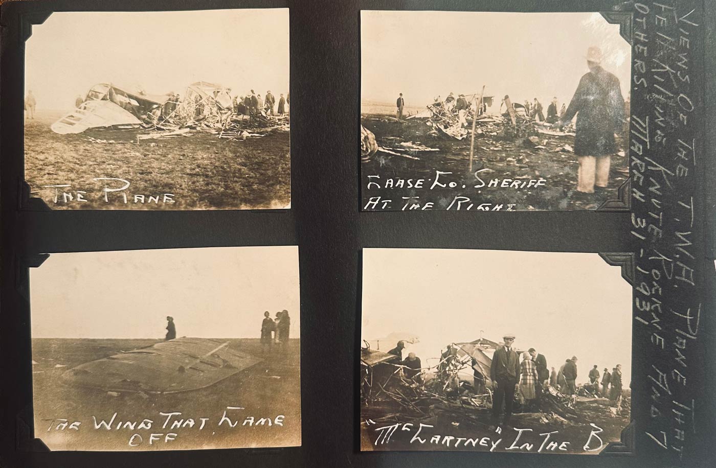 A page of a scrapbook with plane wreck photos A scrapbook page with photos and notes about the aftermath