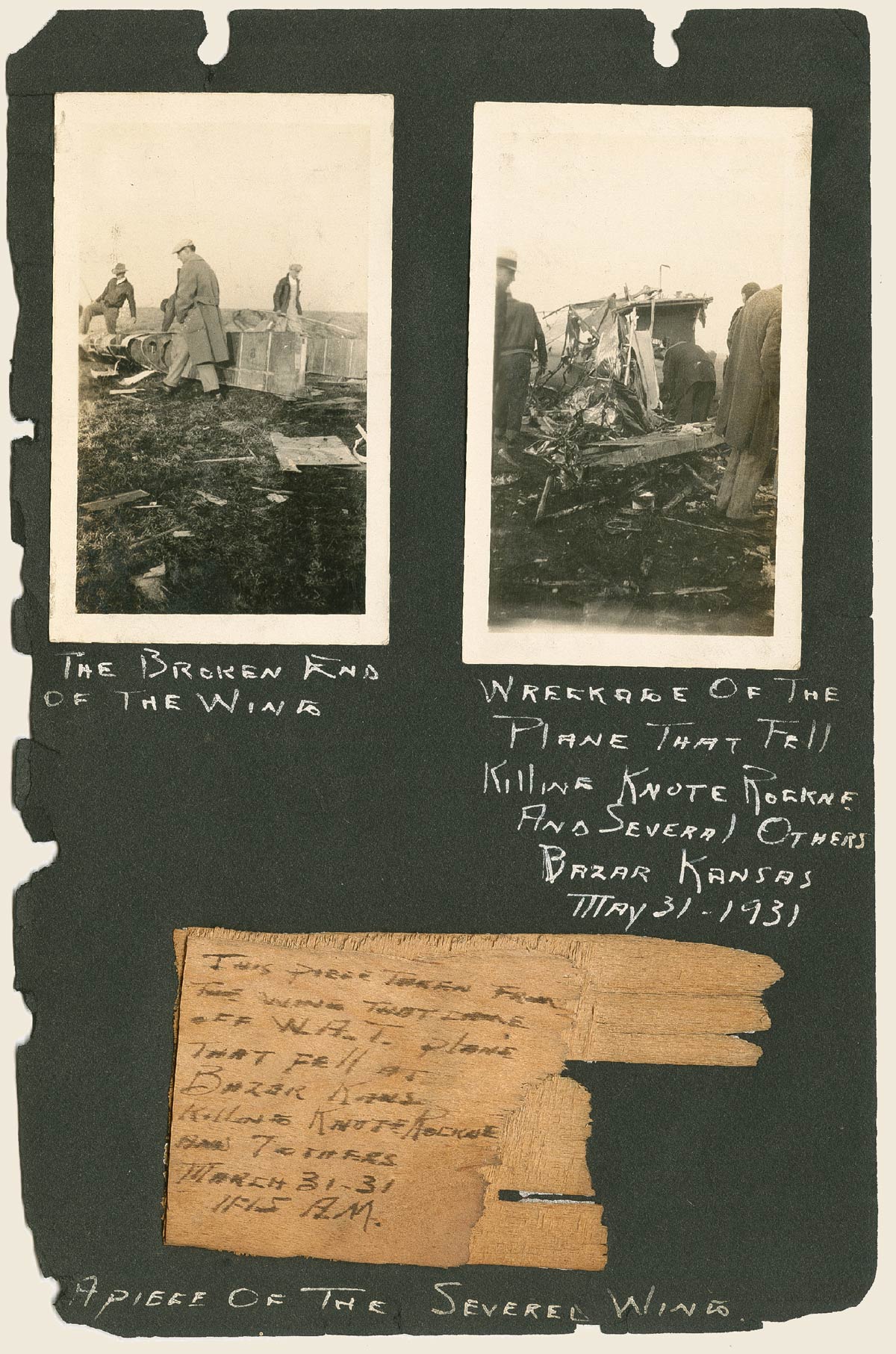 A page of a scrapbook with plane wreck details A scrapbook page with photos, notes, and a piece of the plane's wing